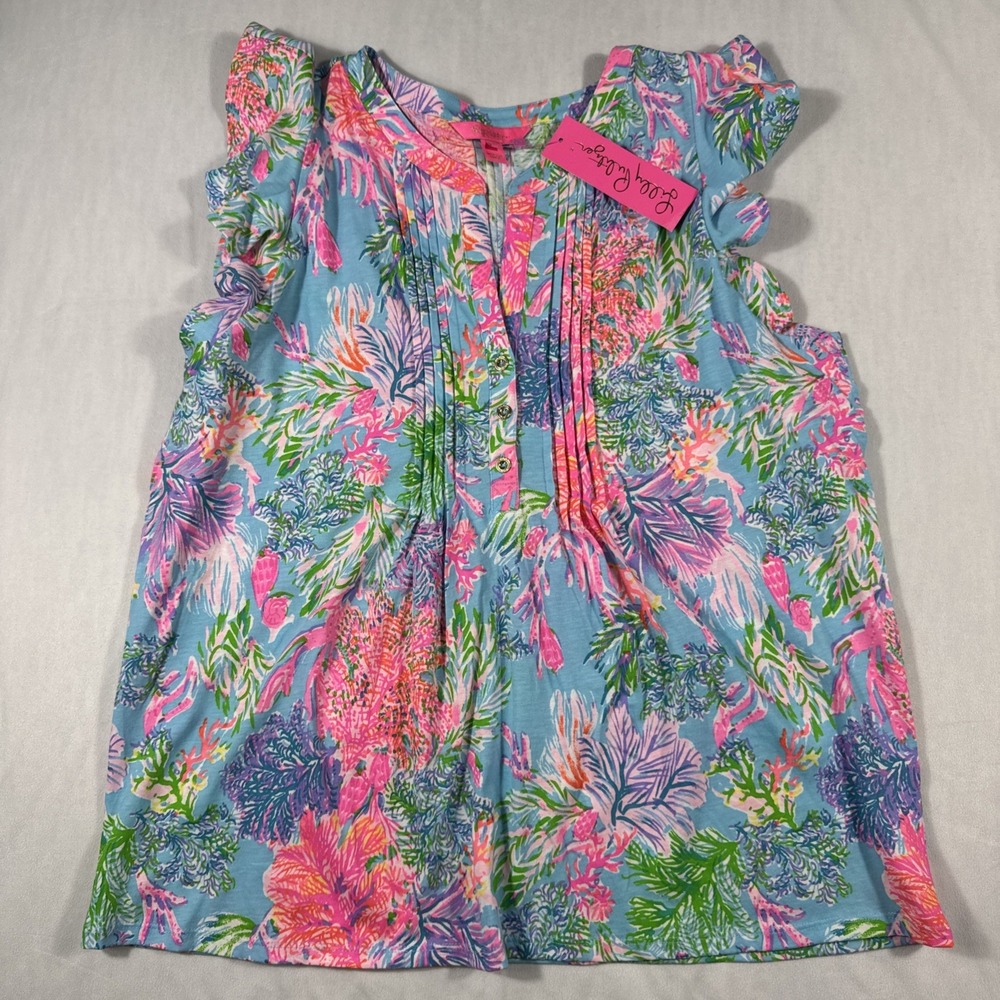 Lilly Pulitzer Women's L Golda Top Shirt‎ Celestial Blue Cay to My heart NEW